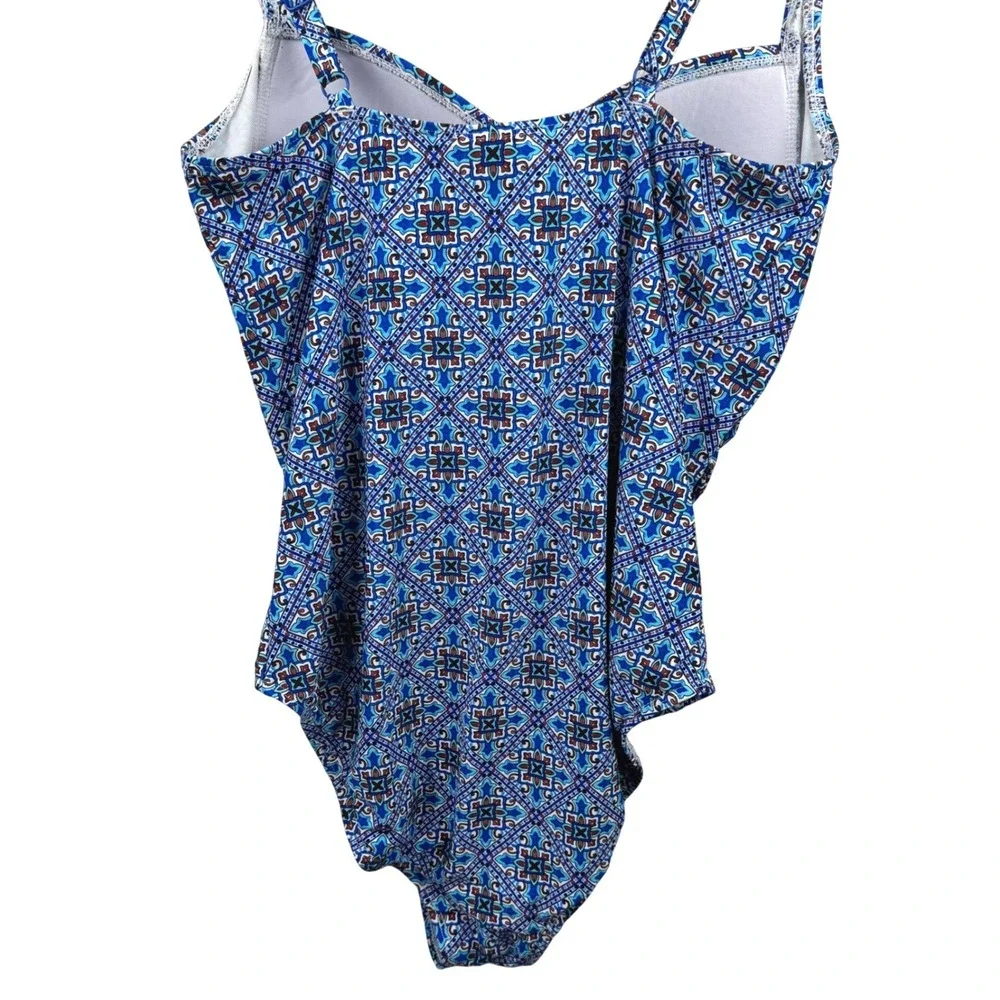 Niptuck Swim One Piece Swimsuit Women 10 Blue Geometric Ruched Tummy Control Cup